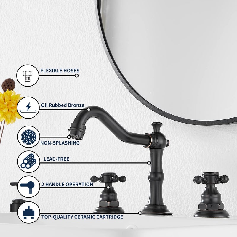 GGStudy Two Handles Three Holes Faucet 8-16 inch Widespread Bathroom Sink Faucet Oil Rubbed Bronze Basin Tap Mixer Supply Hose Included Matching Metal Pop Up Drain - Image 5